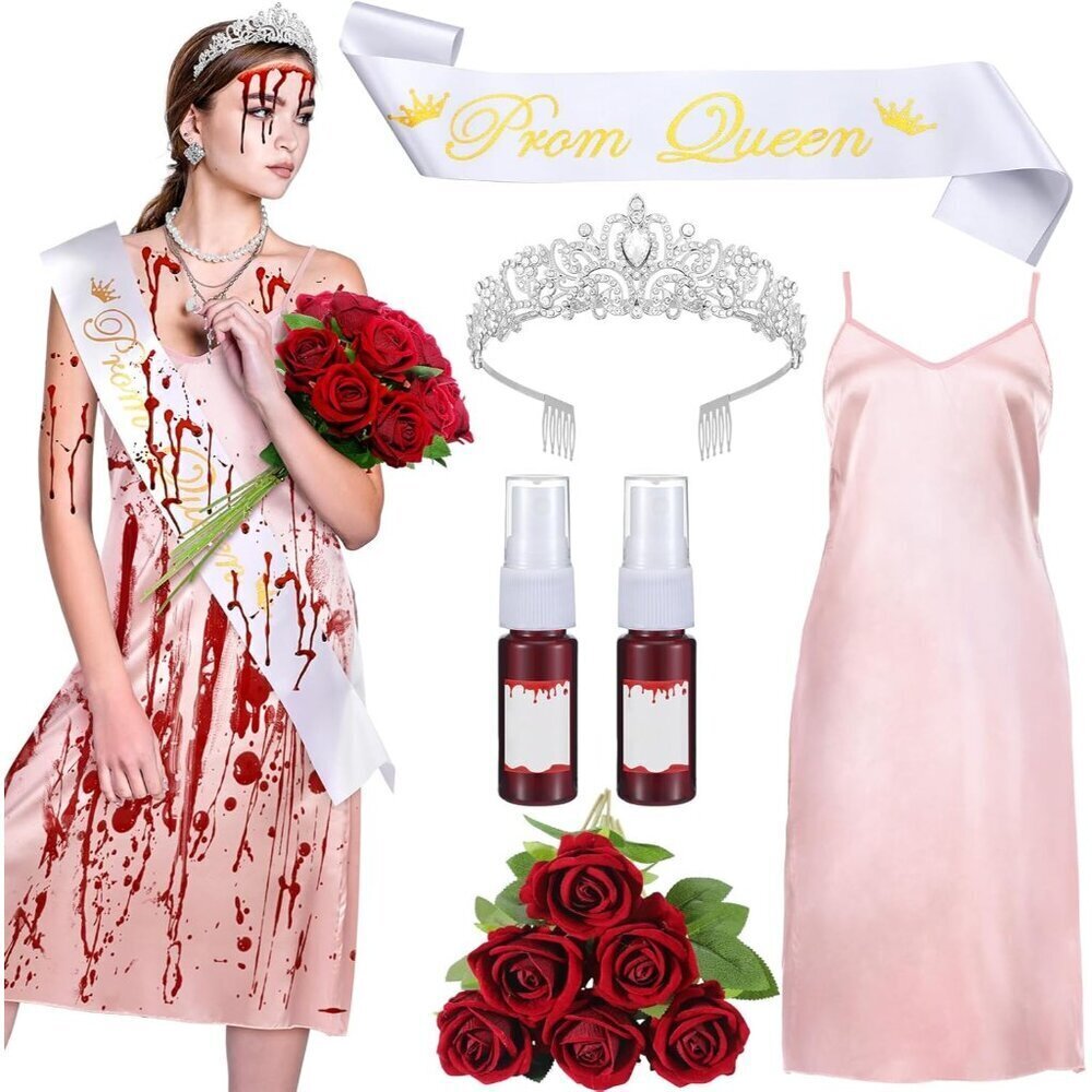 Women Halloween Bloody Prom Queen Costume Accessories Nightgown Sash Crown